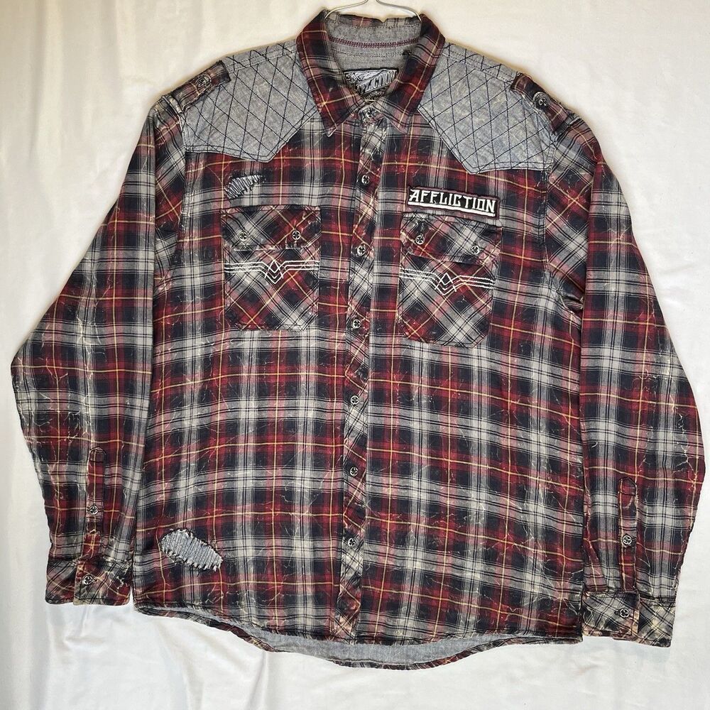 Affliction Black Premium Men’s Plaid Button Up LS Shirt Distressed Size 2XL